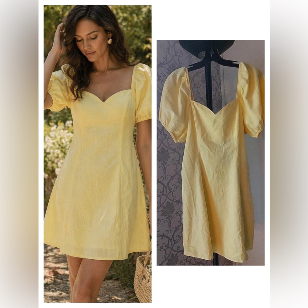 Cotton Mini Dress Yellow Puff Sleeve Sweetheart M NWT Vintage Feminine